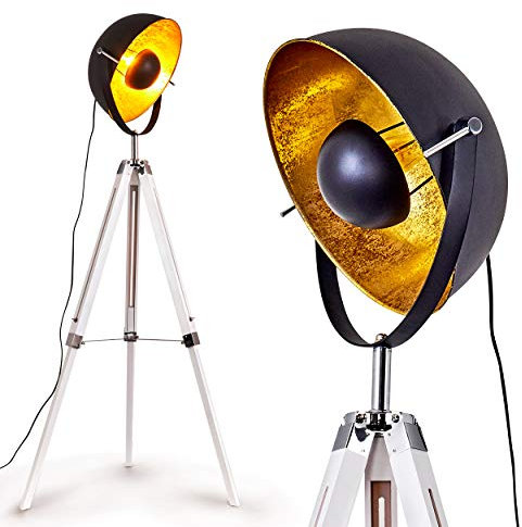 Stehlampe Jupiter, Vintage Stehleuchte in Schwarz/Gold aus Metall, Gestell aus Holz in Weiß, Ø 45cm, E27-Fassung, verstellbare Bodenleuchte im Retro-Design, ohne Leuchtmittel