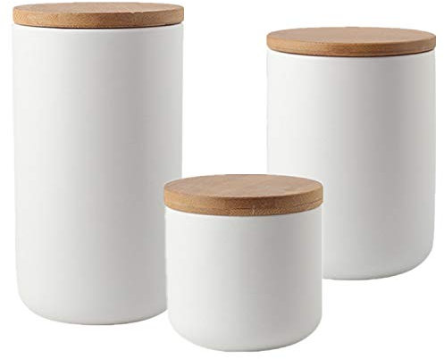 OnePine 3er Set Vorratsdosen Keramik mit Bambusdeckel Vorratsdose Kaffeedose Teedose - Keramik Aufbewahrungsdosen für Tee Kaffee Bohne Zucker Gewürz Nüsse Korn (260ml,800ml,1000ml)