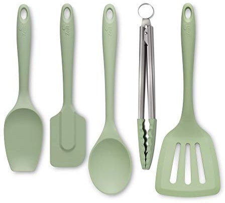 Zeal JSET45G Non-Stick Silicone Cooking Tongs, Turner, Spatula Spoon & Cook Spoon 5-Piece Set-Sage Green