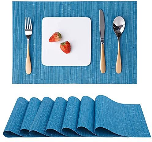 Myir JUN Tischsets Abwaschbar 8er Set, Gewebte Platzdeckchen rutschfest Abgrifffeste Hitzebeständig, Vinyl Platzsets Abwaschbar für küche Speisetisch Hotel, Platz-Matten30x43.5cm (Blau)