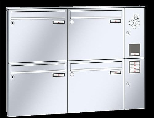 RENZ/Basic B / 4er Aufputz-Briefkastenanlage Wand-Briefkasten mit Sprechfeld / V4A-Edelstahl/Volumen 12 L/Dein-Briefkasten.de