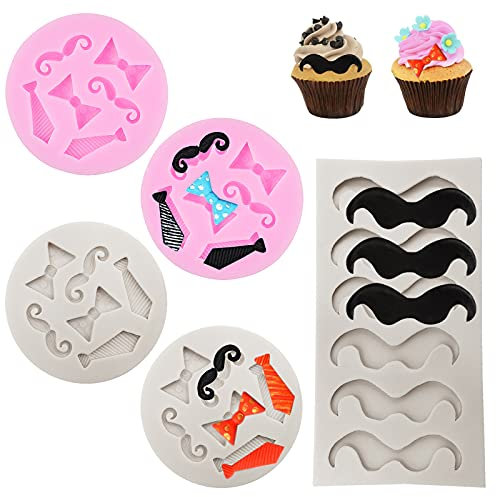 findTop Lot de 5 moules en silicone pour mini moustache, nœud papillon, barbe, fondant (rose + gris)