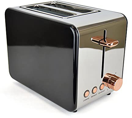 Kitchen Perfected 2 Slice Wide Slot Toaster, 6 Browning Settings, Defrost/Reheat/Cancel, High Lift, Centralisation Even Toasting - Black Stainless Steel with rose gold accents - E2025RG