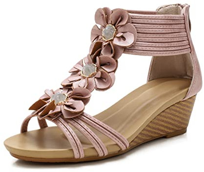 FRALOSHA Sandalen damen keilsandalen sommer offene Zehen lässig mit absatz Strandsandalen plateau sommerschuhe Pink 38 EU