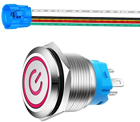 Gebildet 0,87''/22mm Edelstahl Druckknopfschalter 230V AC 3A Betriebssymbol LED 1NO1NC SPD An Aus Wasserdichter Kippschalter mit Kabelbuchse Stecker (Rote LED)