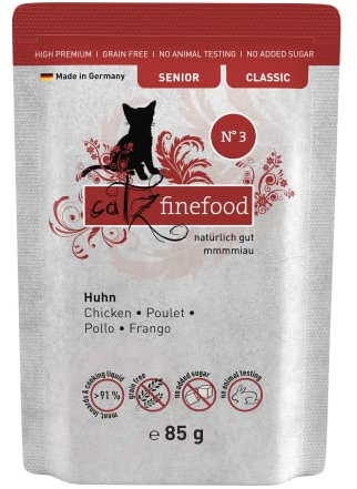 catz finefood Senior N°03 Huhn Katzenfutter nass - Premium Nassfutter für Ihre Senior Katze - getreidefrei, ohne Zucker, hoher Fleischanteil, Vitamine & Mineralien (16 x 85g Beutel)