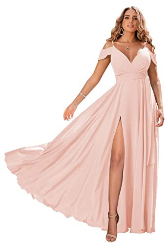 N/ C C015 Robe de demoiselle d'honneur longue à épaules dénudées avec fente en mousseline de soie plissée avec poches, rose poudré, 48 plus