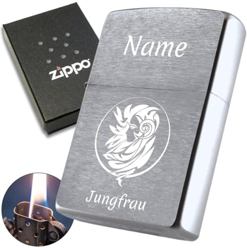 Zippo Feuerzeug Chrome Brushed Sternzeichen (Jungfrau) mit Gravur nach Wunsch - personalisiertes Benzinfeuerzeug
