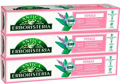 3x Antica Erboristeria Dentifricio Totale Azione Antibatterica e Protezione Carie Ingredienti di Origine Naturale con Salvia e Zinco - 3 Flaconi da 75ml