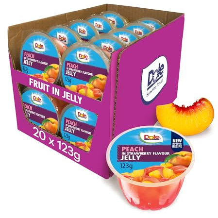 Dole Peach in Strawberry Jelly Fruit Pots 20 x 123g, Healthy Snack Made with Fresh Fruit, No Added Sugar Fruit Bowls, Perfect for Breakfast & Dessert or Adding to Recipes