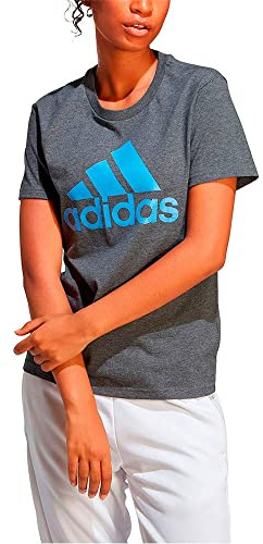 adidas Damen Essentials Logo Tee, Dark Grey Heather/Blue Fusion, M