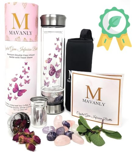 Mavanly Schmetterlinge Kristall Wasserflasche, Doppelwandiges Glas für heiße und kalte Getränke, Loseblatt-Tee-Ei, weißer Kristall, Amethyst. Umweltfreundliche Geschenke für Frauen