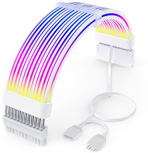 Sirlyr 24 Pin RGB PSU Cables,ARGB PC Cable for Motherboard Power Supply Extension - 5V 3Pin Addressable Four Sides Lighting RGB Strips Decor Computer Case White