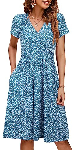 OUGES Maternity Nursing Dress Breastfeeding Short Sleeve V Neck Casual Pregnancy Postpartum Summer Dress Pockets(Floral G,M)