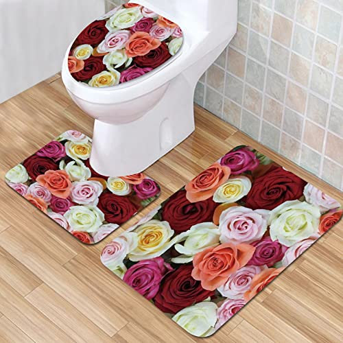IUBBKI Lot de 3 tapis de salle de bain antidérapants - Roses - Rouge Rose Jaune Fuchsia - Fleurs magenta - Tapis de bain absorbant antidérapant - Tapis de bain