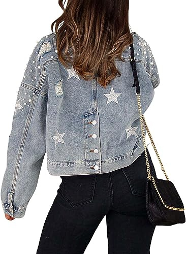 Vagbalena Giacca di Jeans Oversize da Donna con Perline Giacca di Jeans con Perline a Maniche Lunghe con Stelle Ricamate Giacca di Jeans con Stelle in Rilievo