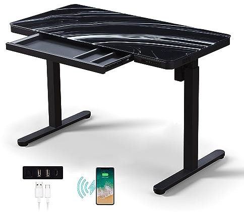 kowo Height Adjustable Electric Standing Desk with Marble Effect Glass Black Desk with Drawers, USB C & Wireless Chargers, Sit Stand Electric Stand Up Adjustable Office Desk, 120 x 60cm