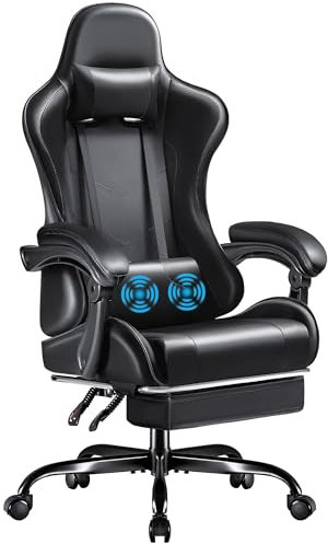Furmax Gaming Chair, Video Game Chair with Footrest and Massage Lumbar Support, Swivel Seat Height Adjustable Computer Chair with Headrest, Racing E-Sport Gamer Chair (Black)