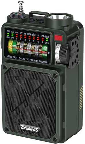 ZHIWHIS Radio de onda corta con Bluetooth, radios de emergencia AM/FM/SW/WB con alertas NOAA, manivela de mano/solar/4000 mAh/ruido blanco/SOS/bajos/receptor retro recargable con preestablecido,