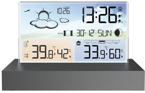 Wireless Weather Station, Radio Controlled Clock Thermometer with Alert and Temperature Home Weather Station with Weather Forecast, LCD Weather Station with Outdoor Sensor