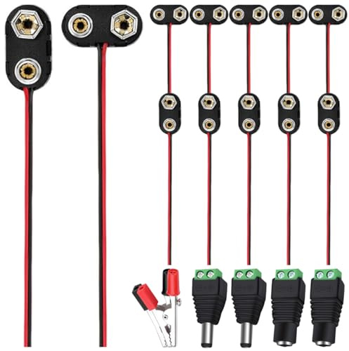 MKBKLLJY 12Pcs 9v Battery Connector Clip with UL1007 24AWG Leads Wires,I-Type/T-Type Plastic Housing Pigtail Snap with Alligator Clips,2.1mm X 5.5mm DC Male/Female Power Plug,for Arduino Led Light