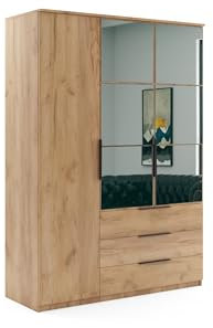 B&M Furniture Kleiderschrank mit Drehtüren,Schubladen und Spiegel - mit Einlegeböden und Kleiderstange - für Garderobe, Schlafzimmer - Modern - Eiche Gold Craft Holzimitat - 150 cm B, 215 cm H