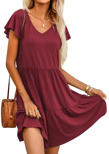 HOTOUCH Womens Dresses Summer Casual Short Sleeve V Neck Dress for Women Ladies Ruffle Tiered Dress with Pockets Wine red XL