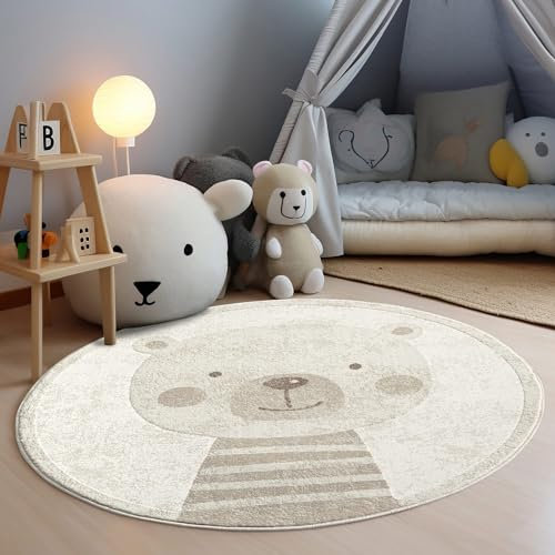 Kinderteppich Creme, Beige - 120x120 cm Rund - Tier-Motiv Teddy-Bär - Kurzflor Teppiche Kinderzimmer, Spielzimmer