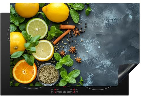KitchenYeah© Protège Plaque Induction 80x52 cm Deco Cuisine Protection Pour Plan De Travail Cuisson Protégé Fruits - Béton - Plantes - Citron - Cannelle