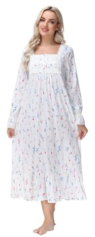 Verve Jelly Women's Button Up Duster House Dress with Pockets Long Sleeve Nightgown Housecoat Summer Robe Floral White L