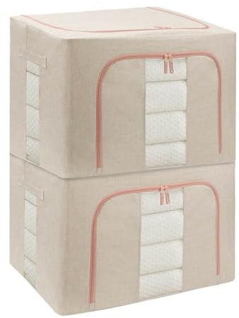 DAWNTREES Openings Clothes Storage Bins with Metal Frame, Foldable Storage Bin for Clothes, Clothing Storage Bins with Lid, Linen Storage Box With Clear Window& Zippers& Durable Handles