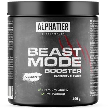 Alphatier Beastmode Pre-Workout Booster Raspberry - hochdosiert, klumpenfrei + vegan - Koffein Citrullin L-Arginin ß-Alanin Betain HCL Himbeere 400 g