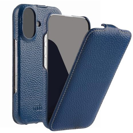 Mobiskin Hülle passend für iPhone 16 (6,1 Zoll), Handyhülle mit beschichtetem Leder, Flip Case kompatibel mit MagSafe, Schutzhülle, Handy-Tasche, Slim Cover, dünn, Blau