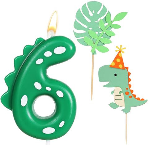 Ronoza Geburtstagskerzen Zahlen 6, Dinosaurier Kerzen Geburtstag, Geburtstagskerze, Geburtstagskerzen für Torte, Kerze 6, Grün Kerzen Zahlen, mit 2 Stück Dinosaurier Happy Birthday Cake Topper
