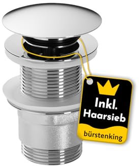 Bürstenking Ablaufgarnitur Waschbecken – Ablaufventil mit Haarsieb – für Waschbecken & Waschtisch – 1 1/4 Anschlussgewinde – Push-Open Funktion – ohne Überlauf – 6 cm – ø 66 mm – Chrom Silber