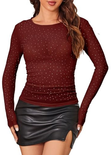 SEBOWEL Damen Transparent Oberteil Sexy Mesh Bluse Langarm Glitzer Top Party Festivals Shirts Rot XXL