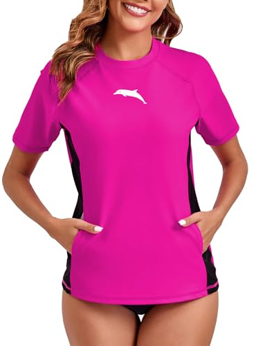 Halcurt UV Shirt Damen mit Tasche Kurzarm Rash Guard UPF 50+ Sonnenschutz Schwimmshirt Schnell Trocknender Badeshirt XXL