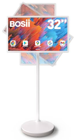 BOSII 32-Inch Portable TV Touchscreen - 6GB RAM + 128GB Storage 1080P FHD Monitor Touch Screen Rolling TV on Wheels with Built-in 148wh Battery Android 13 OS Remote Control