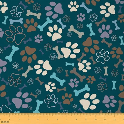 Loussiesd Nettes Hundethema Stoff 92x150cm für Handgemachten Quilten Pup Dog Pfote Drucken Down Stoff Meterware Knochen Patchwork Stoffe Hundeliebhaber Tierthema Grün Polsterstoff für Stühle