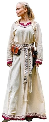 Leonardo Carbone® Damen Kleid Lagertha | Handstickerei | V-Ausschnitt | Karneval, Halloween, Cosplay, LARP, Wikinger, Mittelalter, Kostüm, Festkleid | 100% Baumwolle Natur/Rot 3XL