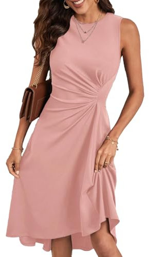 HUXRAKV Robe Femme Chic et Elegant Midi Robe de Cocktail sans Manches Robe Unie A-Line à Plis de Taille Robe de Soirée Fête Affaires,27-Rose,M