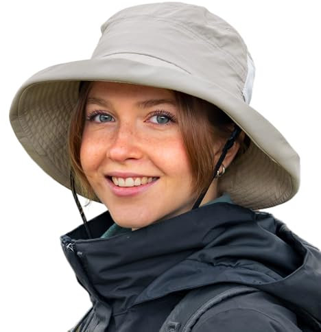 TOP-EX UPF 50 Sonnenhüte Damen mit Pferdeschwanz, Breiter Krempe Fischerhut für UV-Schutz, Wasserdicht regenhut, Kinnriemen, Atmungsaktiv Sommer-Mesh, Faltbar, Safari, Strand, Angeln, Grau L