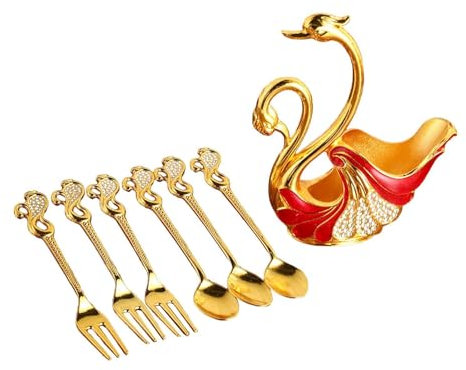 Qianly Set di posate con supporto cigno per dessert, include 3 cucchiai e 3 forchette, Rosso