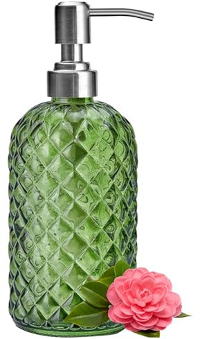 Glass Soap Dispenser Green - 350ml/ 16 Oz Hand and Dish Soap Dispenser with Rustproof Stainless Steel Pump Liquid Hand Jar Refillable Glass Bottle for Bathroom, Countertop, Kitchen, Laundry Room