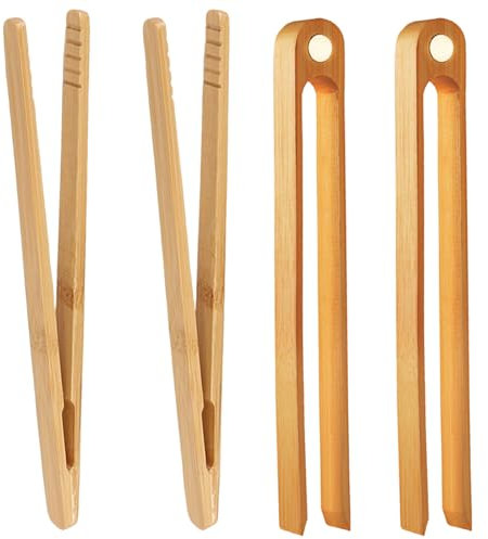 4Pcs Reusable Bamboo Toast Tongs, Wooden Tongs for Toaster, Anti-Slip Design, Ideal for BBQ, Bread, Tea, and Small Foods