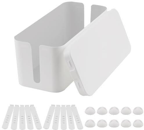 AWBEOT Boîte de Rangement pour Câbles, Boîte de Gestion des Câbles, Boite Cache-Cable, Cache Multiprise, Garder Les Cables Bien Rangés,Blanc et Noir,avec 10 bandes de rangement,10 clips (Blanc, Moyen)