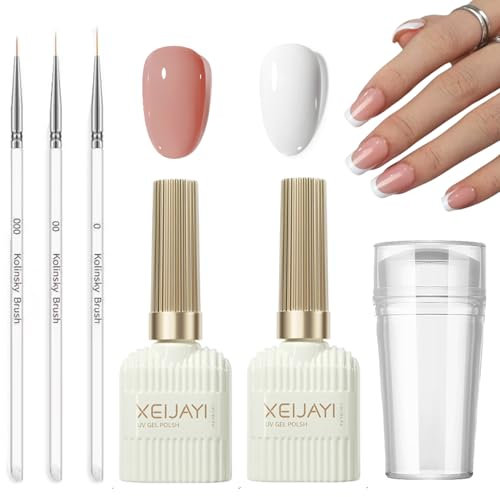 French Manicure Kit - Jelly Nude White Gel Nail Polish Set - Jelly Gel Kit for French Tip Manicure with 3Pcs Nail Art Pen and Nail Stamper - UV Polish for Manicure Tip Nail Salon DIY at Home
