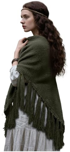 Joukavor Gestrickter Dreieckstuch mit Fransen, vielseitiger Überwurf, Grün , Einheitsgröße