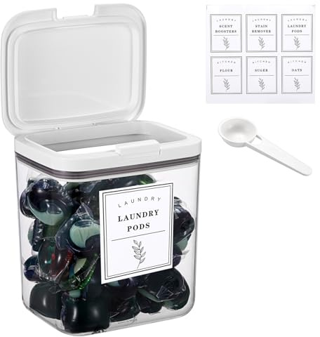 TOLIDA 2L Clear Laundry Pods Container with White Push Up Lid | Automatic Pop-Up Washing Pods Holder, Plastic Storage Organiser for Bath Bombs Scent Booster, Kitchen Food Storage Container