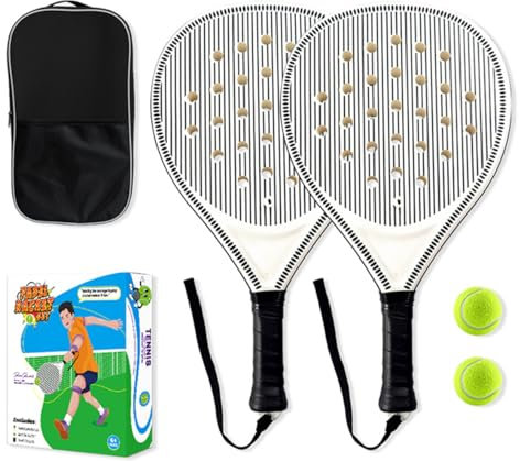 Padel Tennis Schläger – Komplettset für Anfänger – ABS-Rahmen mit Löcher-Netz für optimale Stoßdämpfung, mit 2 Schlägern, 2 Bällen & Tasche, In Weiß